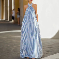 Striped Print Halter Backless Loose A-Line Floor-Length Maxi Dress