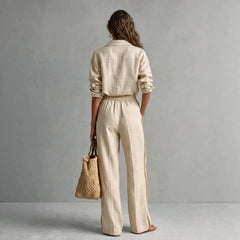Beige Linen Two Piece Set Contrast Trim Shirt & Drawstring Wide Leg Pants