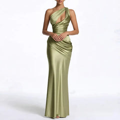 One Shoulder Cutout Satin Mermaid Evening Maxi Dress