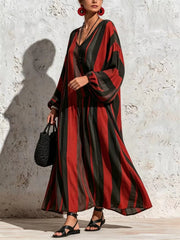 Diagonal Stripe V-neck Lantern Sleeve Top & Wide-leg Pants Two-piece Set