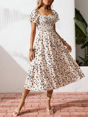 Square Neck Ruffle Sleeve Leopard Print Smocked Waist Midi Dress