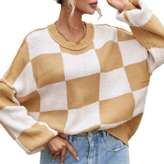 Checkerboard Color Block Crew Neck Loose Pullover Sweater