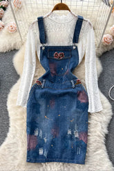 Vintage Embroidery Denim Dress + White Lace Tops Two-piece