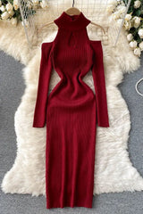 Off Shoulders Long Sleeve Dress Bodycon Knitted Sweater Dress