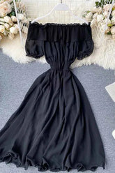 Dress Off Shoulder Chiffon Dress Solid Vestidos Short Puff Sleeve Ruffles Holiday Dress