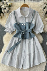 Retro Gothic Denim Vests + Striped Short Shirt Dress 2 pcs Sets