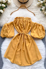 Off Shoulder Puff Sleeve Mini Dress Lace-up Dress