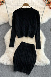 Long Sleeve Knitted Tops + Slim Mini Skirts Two Piece Suits