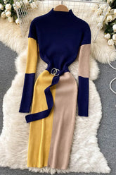Dress Elegant Color Patchwork Knitted Sweater Dress With Belt