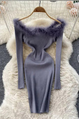 Dress Fur Patchwork Off Shoulders Knitted Sweater Dress Slim Elastic Mini Party Dress