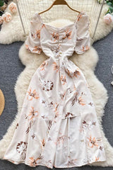 Dress Folds V-neck Floral Print Slit Long Dress Elegant Puff Sleeve Vacation Party Dress