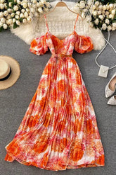 Dress Off Shoulders Puff Sleeve Holiday Beach Long Dress Floral Print Female Dress