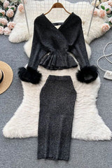 Elegant Shining Knitted Ruffled Sweater and Skinny High Waist Skirts Two Piece Suits