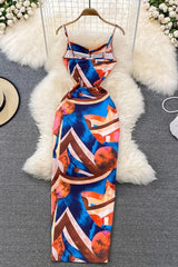 Colorful Print Dress Slim Elastic Straps Bodycon Long Dress