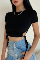 Side Drawstring Hollowed Out Round Neck Top T-Shirt