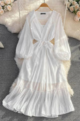Dress Elegant Lace-up Ruffled Long Dress Lantern Sleeve Party Dress