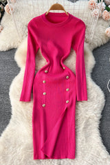 Dress Elegant Double-breasted Split Knitted Wrap Hips Bodycon Dress