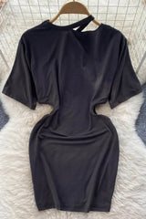 Cutout Waist Mini Dress Short Sleeve Breathable Print T-shirt Dress