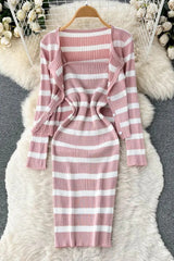 Elegant Dress Sets Knitted Cardigans + Slim Spaghetti Strap Dress Lady Two Piece Suits