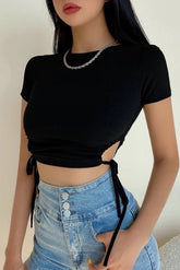 Side Drawstring Hollowed Out Round Neck Top T-Shirt