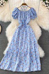 Dress Romantic Floral Print Bandage Neck Long Dress Lady Vacation Beach Dress