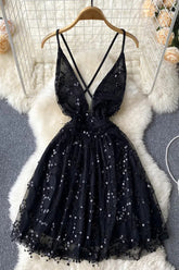 Backless Sequin Dress Deep V-neck Criss-cross Bandage Short Lace Party Dress