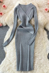 Dress Elegant Cross V-neck Slim Waist Knitted Bodycon Dress
