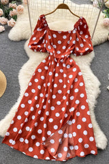 Big Polka Dot Long Dress Elegant Puff Sleeve Split Big Hem Dress