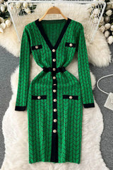 Dress V-neck Buttons Split Knitted Sweater Dress