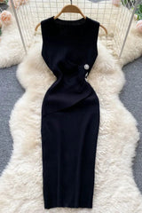 Dress Elegant Slim Waist Buttons Design Knee-length Knit Dress