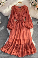 Dress Elegant Lace-up Ruffled Long Dress Lantern Sleeve Party Dress