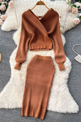 Elegant Batwing Sleeve Knitted Sweater Tops + Skinny Slim High Waist Wrap Hips Skirts Set