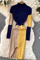 Dress Elegant Color Patchwork Knitted Sweater Dress With Belt