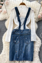 Vintage Embroidery Denim Dress + White Lace Tops Two-piece