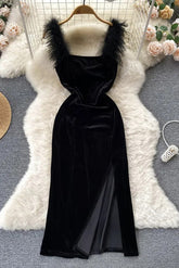 Elegant Dress Fur Patchwork Straps Velvet Bodycon Vestidos Lady Party Vestidos Dress