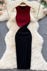 Elegant Colorblock Knitted Dress Bodycon Vestidos Robe Dress