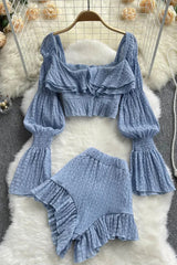Chiffon Suits Long Flare Sleeve Ruffled Crop Tops + High Waist Shorts Two Piece