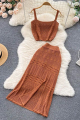 Hollow Out Two Piece Set Dress Vacation Short Tank Tops + High Waist Split Skirts Suits