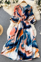 Dress Print Slim Waist Long Dress Vacation Beach Robe Dress