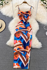 Colorful Print Dress Slim Elastic Straps Bodycon Long Dress