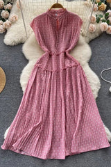 Dress Elegant Polka Dot Print Sleeveless High Waist Long Pleated Dress