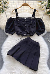 Off Shoulder Straps Short Tops + Pleated Mini Skirts Two Piece Suits