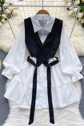 Short Blouse Dress + Asymmetrical Vests Female Suits Two Piece