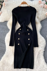 Dress Elegant Double-breasted Split Knitted Wrap Hips Bodycon Dress