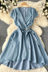 Dress Elegant Turn-down Collar Asymmetrical A-line Wrap Dress Shirt Female Dress
