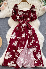 Dress Folds V-neck Floral Print Slit Long Dress Elegant Puff Sleeve Vacation Party Dress