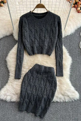 Long Sleeve Knitted Tops + Slim Mini Skirts Two Piece Suits
