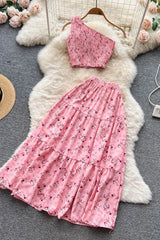 Floral Print Crop Tops + High Waist A-line Long Skirts Beach Ladies Two Piece Set
