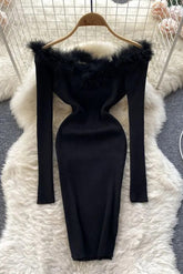Dress Fur Patchwork Off Shoulders Knitted Sweater Dress Slim Elastic Mini Party Dress