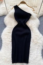 Dress One Shoulder Knitted Bodycon Dress Office Lady Outfits Elegant Dress